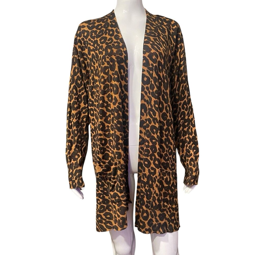 Leopard Print Terra & Sky Open Front Cardigan Sweater 2X 20W-22W Brown Black